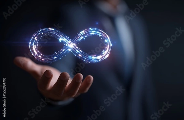 Fototapeta High quality photo of businessman holding an infinity symbol icon with a holographic effect on a dark background, a concept of infinite technology and digital innovation in business.