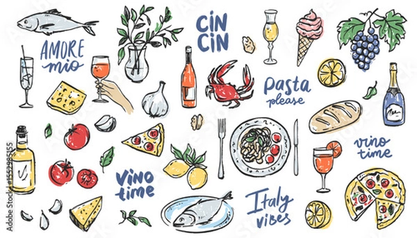 Fototapeta Whimsical Italian Food Doodle with Vintage Summer Vibe. Pasta on a Plate, Wine Bottle and Pizza Slices