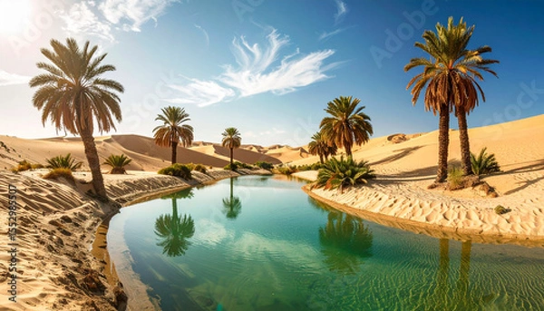Fototapeta the image shows a serene oasis nestled within a vast desert landscape.  clear, turquoise water forms a calm pool, reflecting the blue sky and scattered clouds above