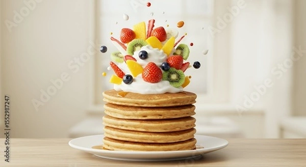 Fototapeta Fluffy Pancakes Topped with a Whimsical Burst of Fresh Fruit and Cream