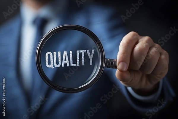 Fototapeta High quality photo of businessman in blue suit holding magnifying glass with word "QUALITY" on black background, business concept of exquisite and high-quality service or product.