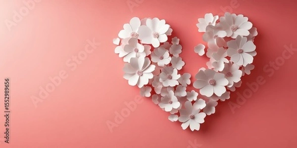 Fototapeta White paper flowers arranged in a heart shape on a coral background for decoration or celebration