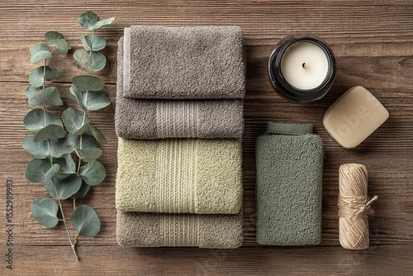 Fototapeta still life of a vintage and boho counter in a spa with towels, candles and cotton