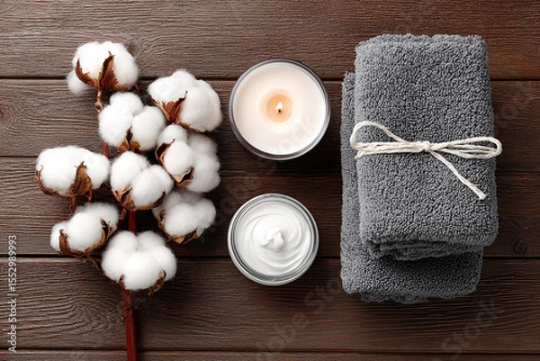 Fototapeta still life of a vintage and boho counter in a spa with towels, candles and cotton