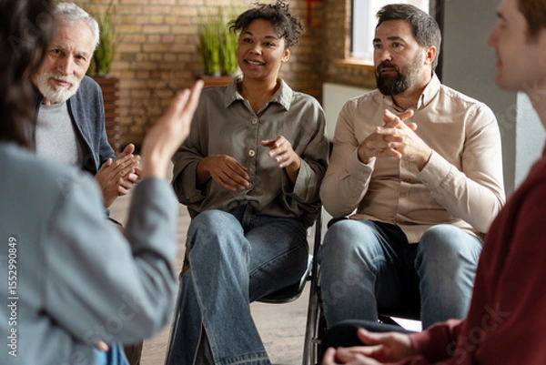 Obraz Diverse group of people sitting in a circle sharing and discussing during a group therapy session