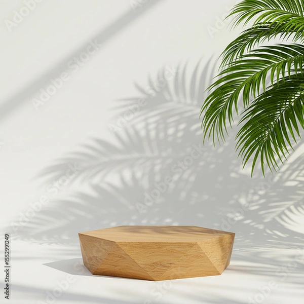 Fototapeta Geometric shape wood pedestal table podium with tropical palm tree with leave shadow on white background.
