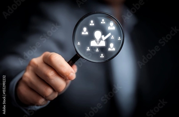 Fototapeta High quality photo of businessman meticulously scrutinizes the employee selection process through a magnifying glass and checkmark icon on a virtual screen. A businesswoman's act of.