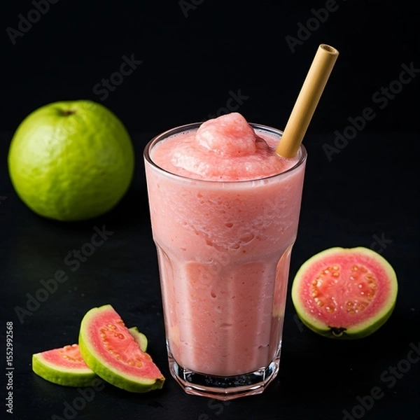 Fototapeta A refreshing sinh tố ổi, guava smoothie with condensed milk, in a frosty glass, on a black background. Guava slices and a bamboo straw add a Hanoi street cart vibe. 