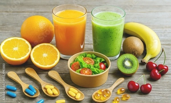 Fototapeta Healthy Fruits, Vitamins and Smoothies on Rustic Table