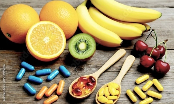 Fototapeta Healthy Fruits, Vitamins and Smoothies on Rustic Table