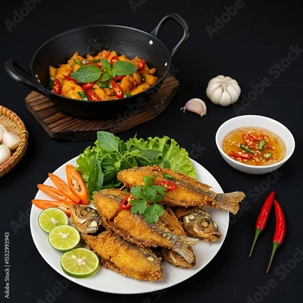 Fototapeta  plate of cá chiên giòn, crispy fried fish with fish sauce dip, on a black background, garnished with fresh herbs and lime wedges. A hot wok and a coastal vendor’s tray
