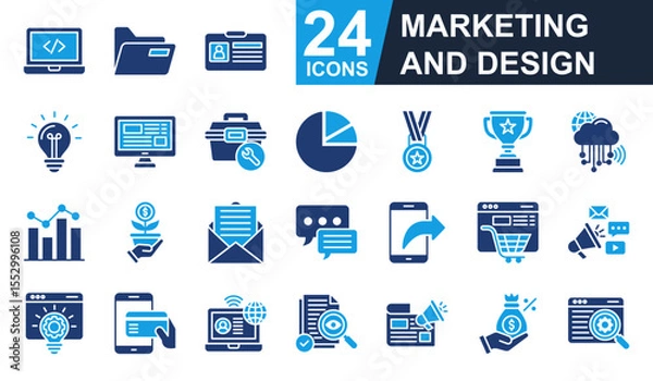 Obraz Marketing And Design Icons set vector illustration. Containing folder, idea, tool box, medal, trophy and more. Simple solid icons collection.