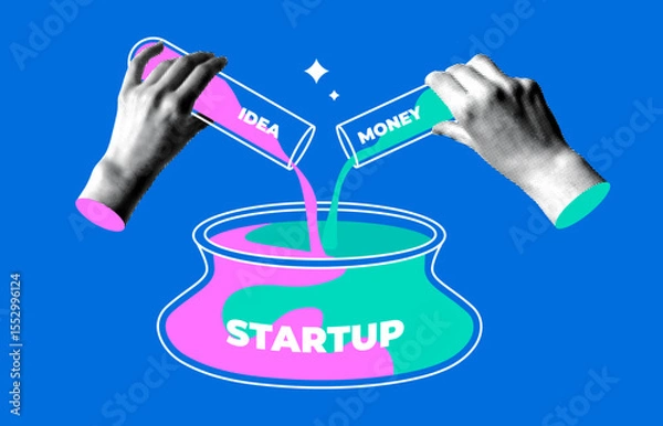Fototapeta Startup concept. Halftone hands pouring idea and money from test tubes into a common pot. Teamwork concept. Investments in a new business. Common efforts. Components of success. Modern collage
