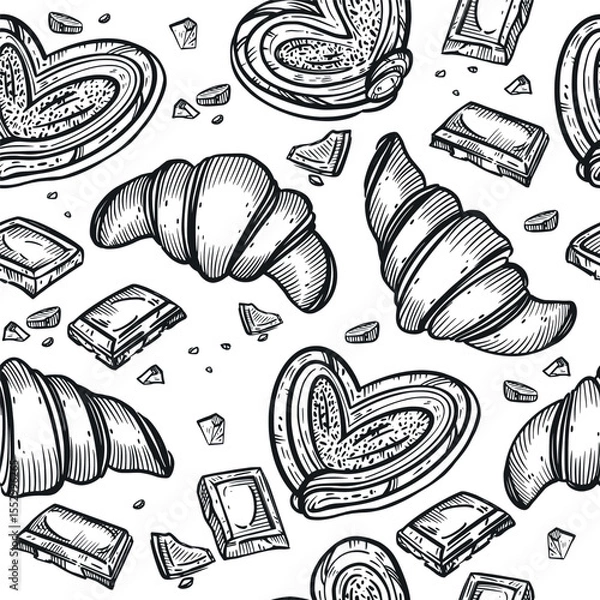 Fototapeta Seamless vector pattern. Fresh pastries and sweets, buns, croissants, chocolate slices. All objects are hand-drawn in vector. For printing on packaging, paper, towels.