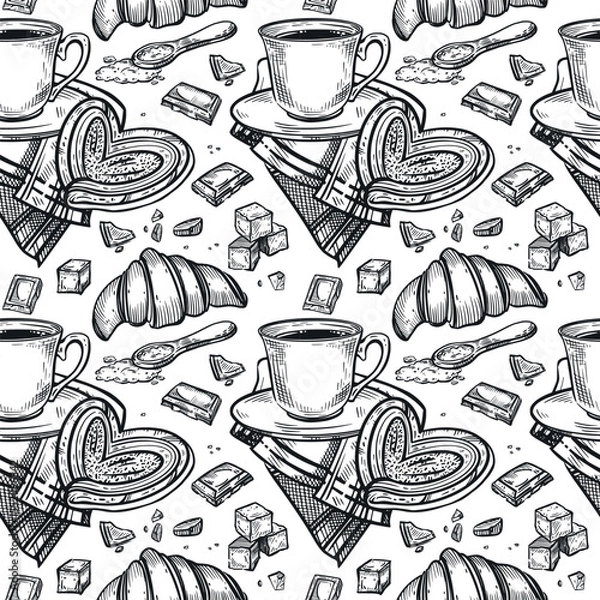 Fototapeta Seamless pattern on the theme of tea drinking, a cup of tea or coffee, a napkin, lump sugar, chocolate slices, sweet buns, croissants. The illustration is suitable for printing on packaging.