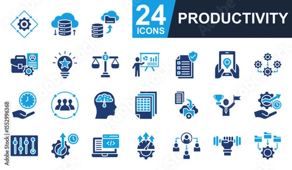 Obraz Productivity Icons set vector illustration. Containing automated process, professional portfolio, save time, organization, improvement and more. Simple solid icons collection.