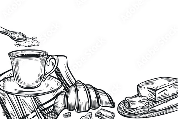 Fototapeta Breakfast, a cup of coffee, a tablecloth, a fresh croissant, butter, a teaspoon with sugar. All objects are hand-drawn in vector, suitable for printing on fabric, for menu decoration, coffee interior.