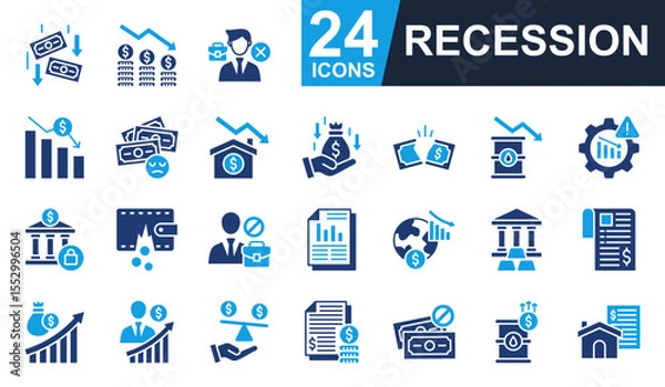 Obraz Recession Icons set vector illustration. Containing inflation, fired, economic crisis, crisis management, unemployment and more. Simple solid icons collection.