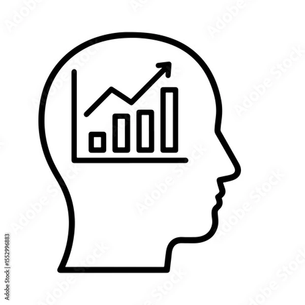 Fototapeta Flat black vector icon of human head silhouette with rising bar graph inside, symbolizing growth, productivity, success, and outline design PNG