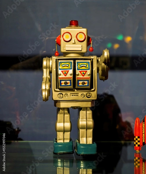 Fototapeta Retro tin robot toy with metallic body, colorful control panel details, and blue feet displayed upright on a reflective surface