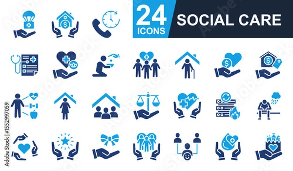 Obraz Social Care Icons set vector illustration. Containing disaster relief, housing assistance, helpline, public health, wellness program and more. Simple solid icons collection.