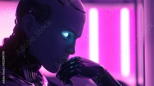 Fototapeta Futuristic Robot's Contemplative Pose with Glowing Eye and Neon Pink Backdrop