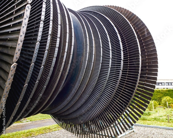 Fototapeta Close-up view of a large metallic turbine rotor with numerous evenly spaced blades, displayed outdoors on a gravel base with greenery and a building in the background