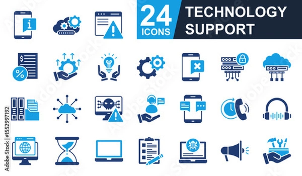 Obraz Technology Support Icons set vector illustration. Containing information, update, optimization, cloud computing, network and more. Simple solid icons collection.