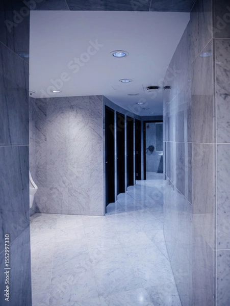 Fototapeta Marble tiled corridor in a public restroom with sleek black stall doors recessed ceiling lights and reflective walls leading past a white urinal