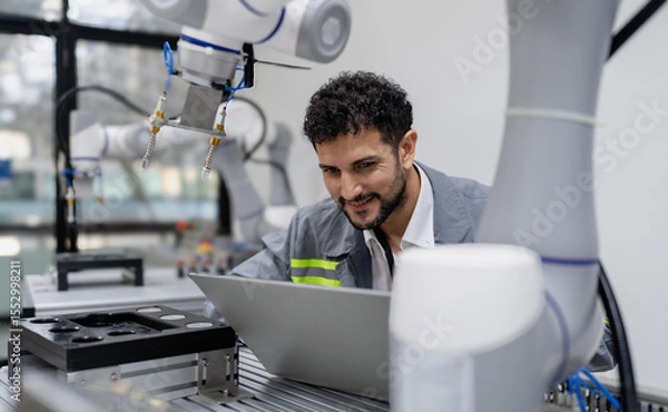 Fototapeta Latino robotic development engineer working robot arm connection control at electronic futuristic science laboratory. Hispanic technician learning innovation machine in automated engineering academy.