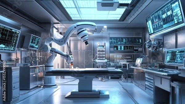 Fototapeta Futuristic Surgical Suite with Robotic Arm and High-Tech Medical Displays