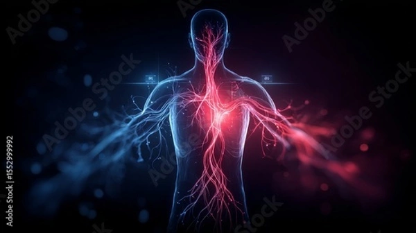 Fototapeta Human anatomical model showing vascular system highlighted in red and blue.
