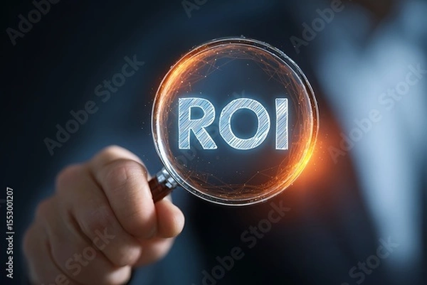 Fototapeta High quality photo of businessman holding a magnifying glass with the word "ROI" over a holographic digital background, close-up view on the hand and a glowing light effect. Digital.