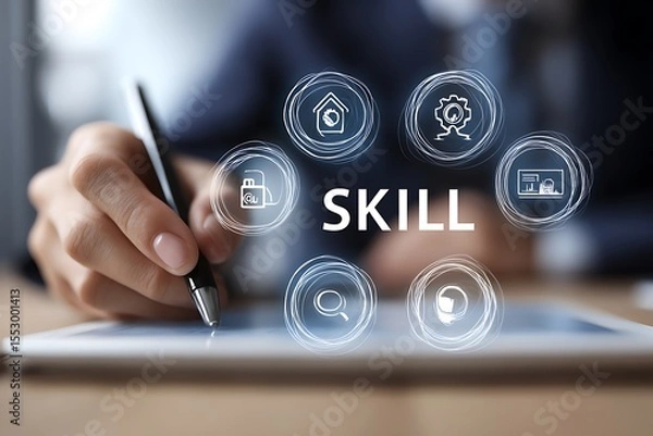 Obraz High quality photo of business professional using an online training platform with icons for skills and writing the word "SKILL". The focus is on skill development, highlighting key.