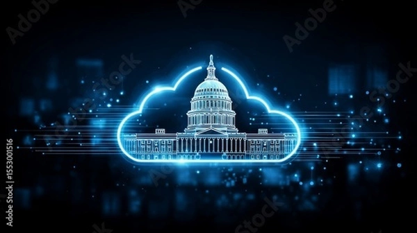Fototapeta Capitol building inside a cloud outline with horizontal glowing lines on dark backdrop.