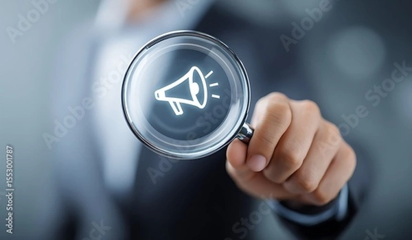 Fototapeta High quality photo of businessman holding a magnifying glass with a megaphone icon floating on a virtual screen, with a focused and blurred background representing the digital.