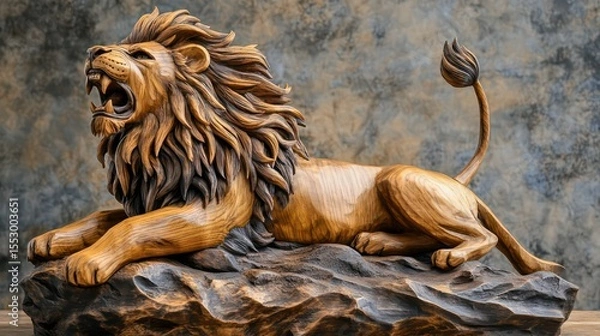 Fototapeta Detailed Wooden Lion Sculpture with Open Mouth and Flowing Mane, Reclining Pose
