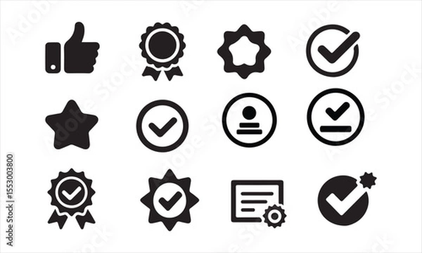 Obraz Collection of Black and White Flat Icons Representing Quality, Verification, and Approval vector art on white