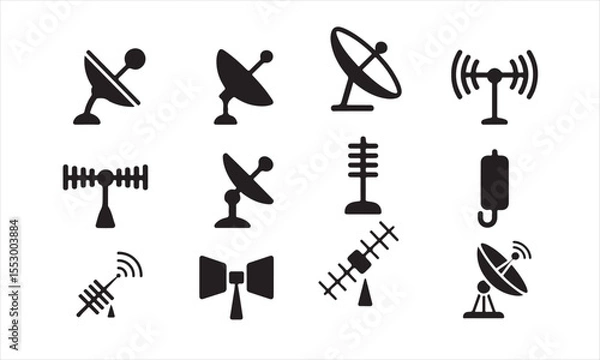 Obraz A set of black and white icons depicting different types of satellite dishes and antennas vector art on white