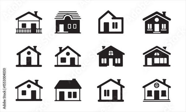 Obraz A set of twelve simple, black silhouette icons depicting various house styles vector art on white