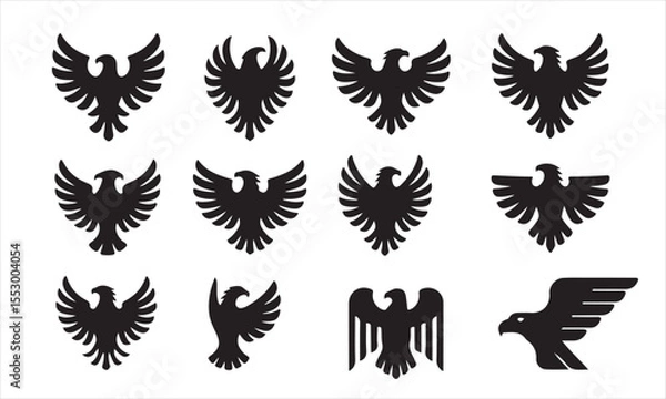 Obraz Set of Black and White Eagle Silhouettes for Design, A collection of twelve stylized eagle silhouettes, ideal for logos, emblems, or graphic design vector art on white