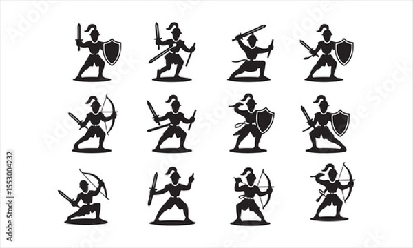 Obraz A set of twelve simple, black silhouette figures of medieval soldiers in various poses vector art on white