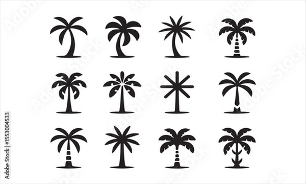 Obraz A set of twelve simple, black silhouette palm tree icons on a white background vector art on white