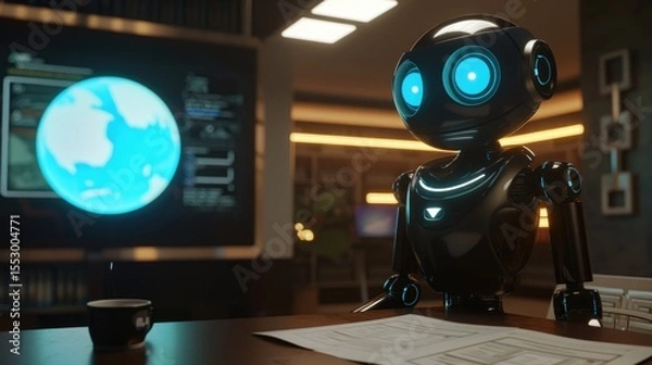 Fototapeta Friendly humanoid robot with glowing eyes working at desk with laptop in cozy office. Futuristic technology concept background