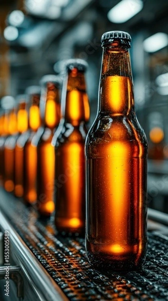 Fototapeta Bottles of amber beer on a production line in a brewery during the daytime