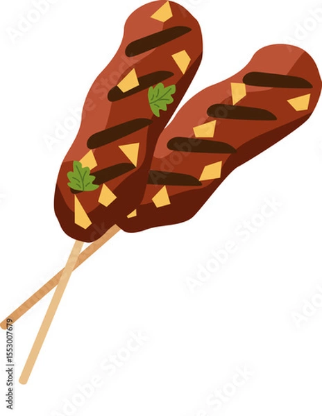 Fototapeta Grilled meat skewers. Texture grill marks and rich color. For BBQ themes, picnic designs, and street food illustrations.
