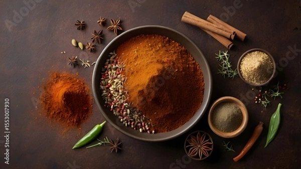 Fototapeta Assorted Colorful Spices in Bowls and Loose on Rustic Background – Top View Culinary Flat Lay