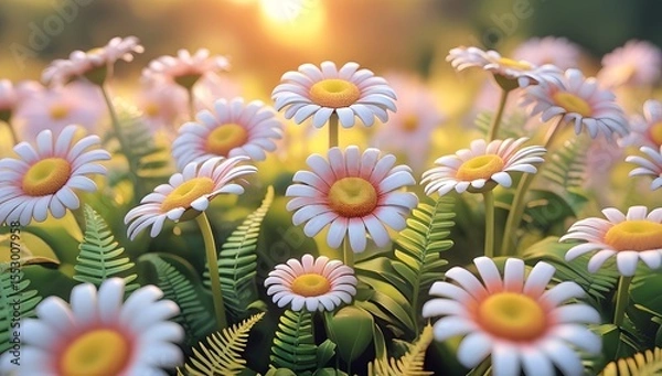 Fototapeta Field of Daisies at Sunrise – Soft Focus Floral Nature Background with Warm Light