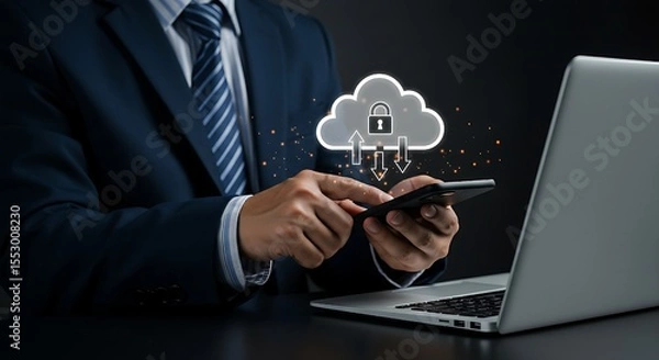 Fototapeta encrypted backup, and online access, ensuring secure remote file storage,Cloud storage and security technology for mobile data protection,confident businessman engages in secure mobile cloud access,
