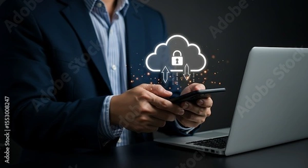 Fototapeta encrypted backup, and online access, ensuring secure remote file storage,Cloud storage and security technology for mobile data protection,confident businessman engages in secure mobile cloud access,